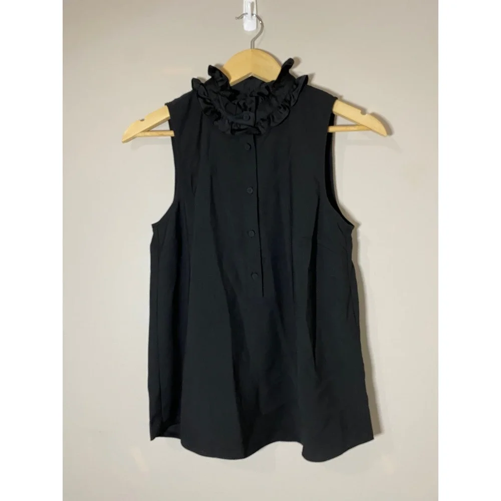 J.Crew NWTBlack Sleeveless Ruffle Collar Button Front Top XS‎